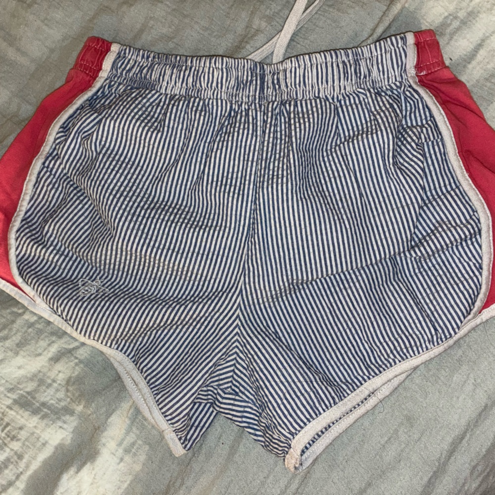 Blue Striped Athletic Shorts with Red Panels